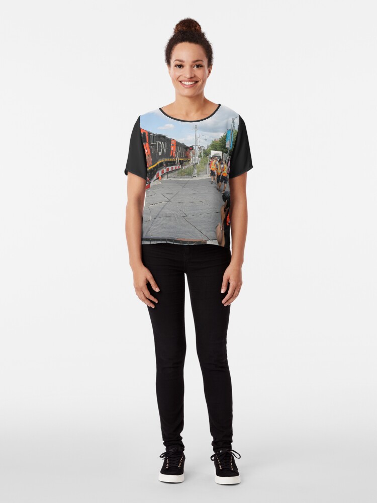 Alternate view of #Train, #railway, #railroad, #locomotive, #station, #transportation, #transport, #rail, #travel, #track, #engine, #diesel, #red, #platform, #old, #steam, #traffic Chiffon Top