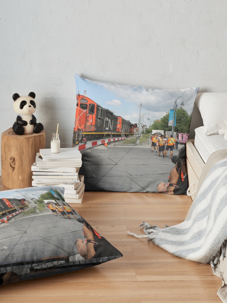 Alternate view of #Train, #railway, #railroad, #locomotive, #station, #transportation, #transport, #rail, #travel, #track, #engine, #diesel, #red, #platform, #old, #steam, #traffic Floor Pillow