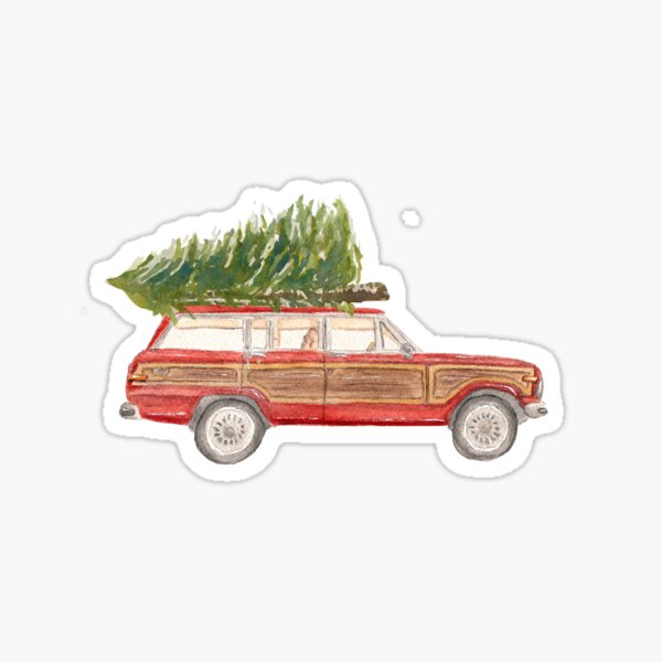 Watercolor Red Wood Wagon with Tree Sticker