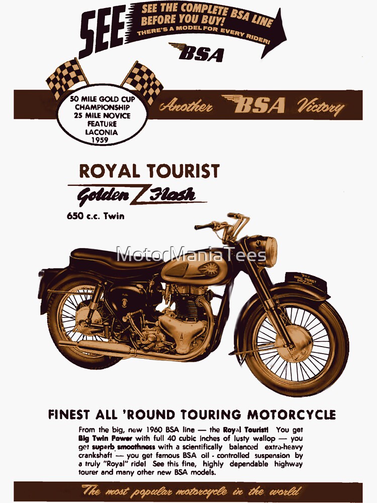 Bsa Motorcycles Royal Tourist Golden Flash By Motormaniac Sticker By Motormaniatees Redbubble