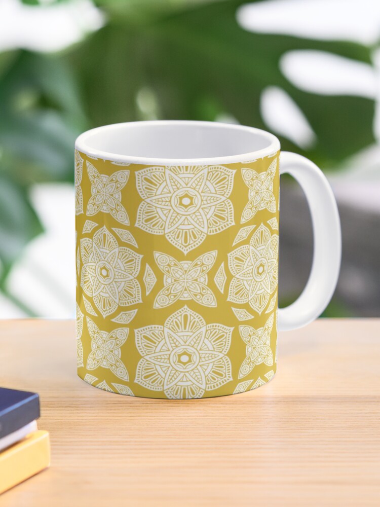 Thumbnail 1 of 6, Coffee Mug, Floral Lotus Mandala - White and Yellow designed and sold by tinytenacious.