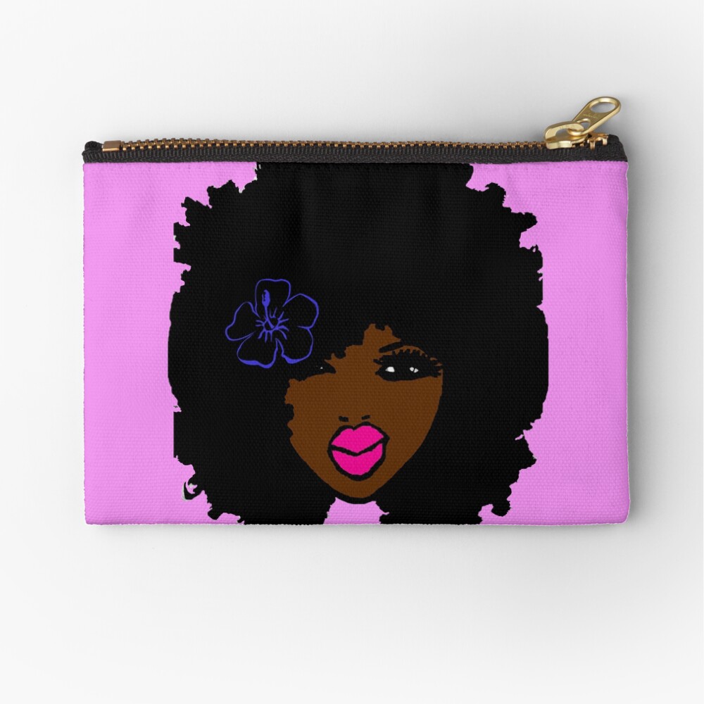 Brown Skin Afro Curly Natural Hair Flower Girl Pink Lipstick Zipper Pouch