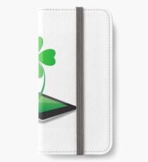 Four- leaf clover - Irish shamrock St Patrick s Day symbol. Green glass clover on white background iPhone Wallet/Case/Skin