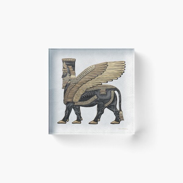 Item preview, Assyrian Winged Bull - Gold and Black Lamassu over White Leather designed and sold by Serge Averbukh Art Studio.
