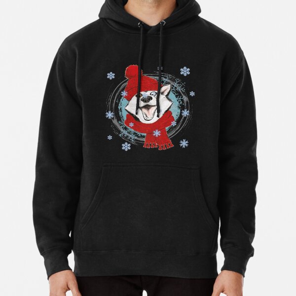 Happy winter husky in warm hat and scarf. Pullover Hoodie