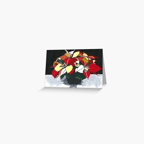 POINSETTIAS - POINSETTIA PAINTING - BLACK, GREY, RED, & GREEN Greeting Card