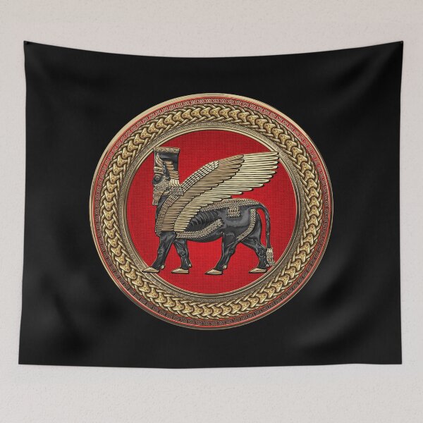 Item preview, Assyrian Winged Bull - Gold and Black Lamassu on Red and Gold Medallion over Black Leather designed and sold by Serge Averbukh Art Studio.