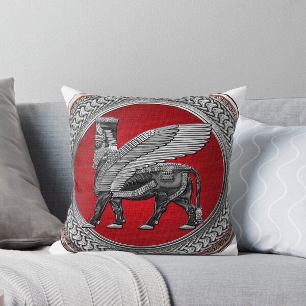 Item preview, Assyrian Winged Bull - Silver and Black Lamassu on Red Silver Medallion over White Leather designed and sold by Serge Averbukh Art Studio.
