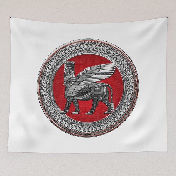Item preview, Assyrian Winged Bull - Silver and Black Lamassu on Red Silver Medallion over White Leather designed and sold by Serge Averbukh Art Studio.