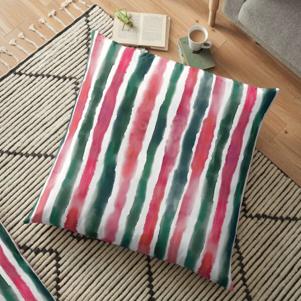 Red and Green watercolor stripes Floor Pillow