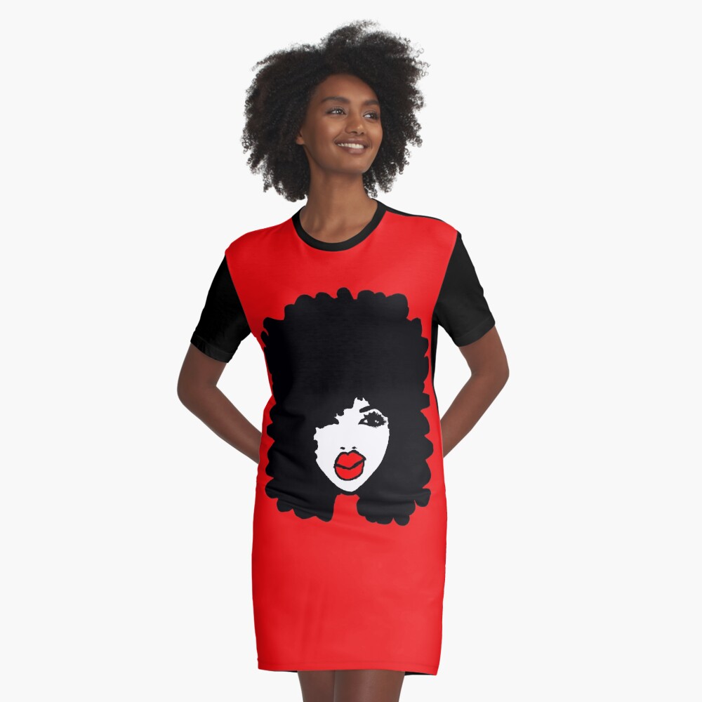 Natural Hair Afro Curls Red Lipstick Makeup Queen Graphic T-Shirt Dress