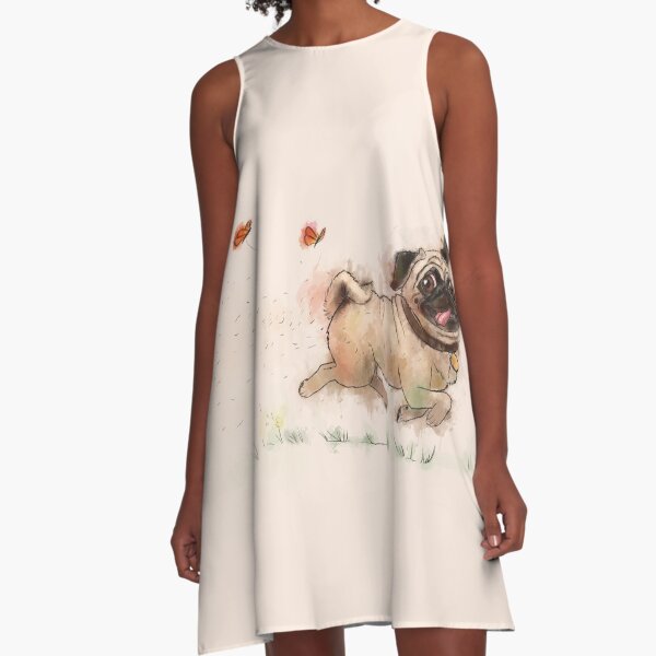 The Furminator Pug Watercolor Design in Beige Color A-Line Dress