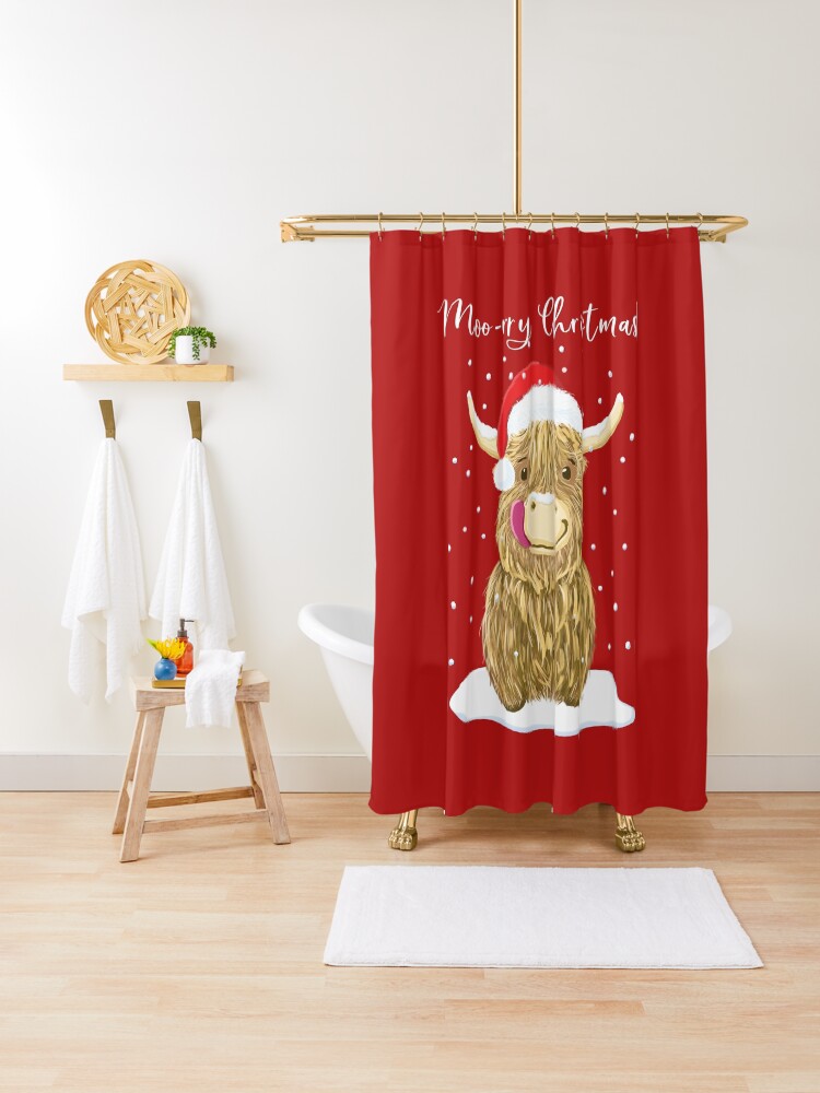 Thumbnail 1 of 5, Shower Curtain, Scottish Highland Cow, Moo-rry Christmas Wee Hamish designed and sold by brodyquixote.