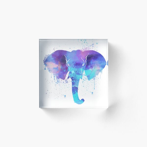 Watercolor Elephant Design | Bright Blue and Purple Elephant Art Acrylic Block