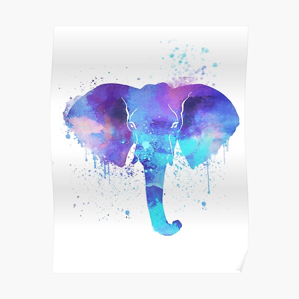 Watercolor Elephant Design | Bright Blue and Purple Elephant Art Poster