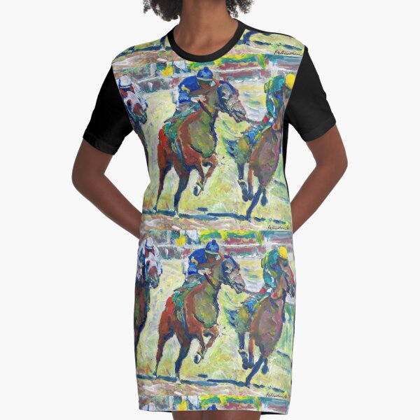 At The Horse Races, Horse Picture Graphic T-Shirt Dress