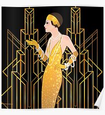 Kunst-Deko-Dame, Kunst-Dekomuster, Ära 1920, Prallplattenmädchen, der große Gatsby, Schwarzes, Gold, Kunst-Deko, Vintag, elegant, Chic, modern, modisch Poster