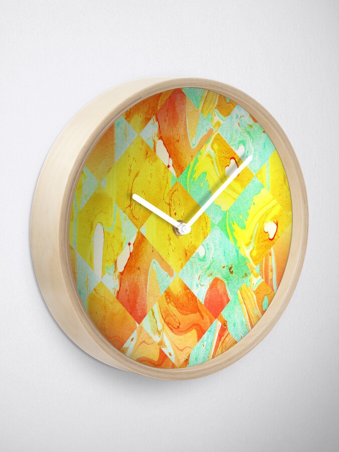 Alternate view of Yellow Orange and Green Colorful Abstract Geometric Marble Pattern Clock