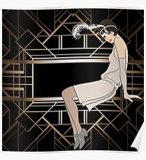 Art Deco, Gold, schwarz, Muster, niedlich, Flapper Mädchen, schön, elegant, schick, The Great Gatsby, Vintage, Retro, Poster