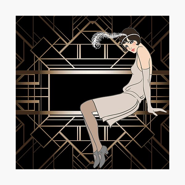 Art deco,gold,black,pattern,cute,Flapper girl,beautiful,elegant,chic,The Great Gatsby,vintage,retro, Photographic Print