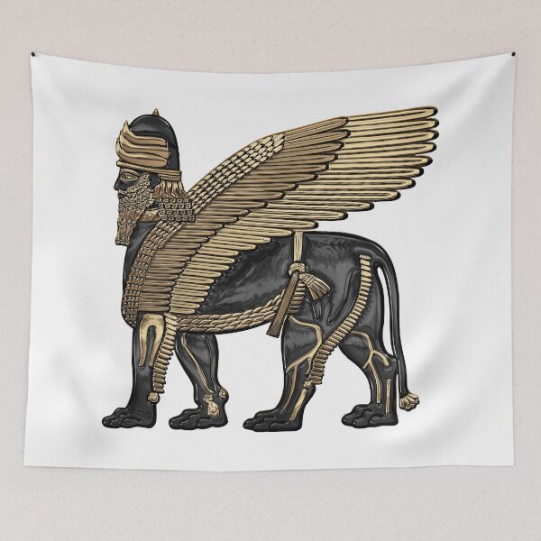 Item preview, Assyrian Winged Lion - Gold and Black Lamassu over White Leather designed and sold by Serge Averbukh Art Studio.