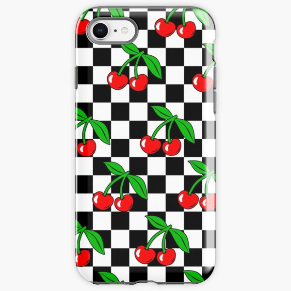 Cherry Chessboard Checkered Black and White Pattern / Cherry Chess Checkerboard Rockabilly iPhone Tough Case