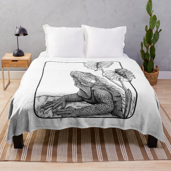 Item preview, Iguana and tropical leaf ink illustration designed and sold by RedFinchDesigns.