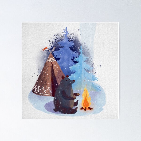 Item preview, A teddy bear with a wigwam warms its paws by the fire in winter. designed and sold by zatmeniee.