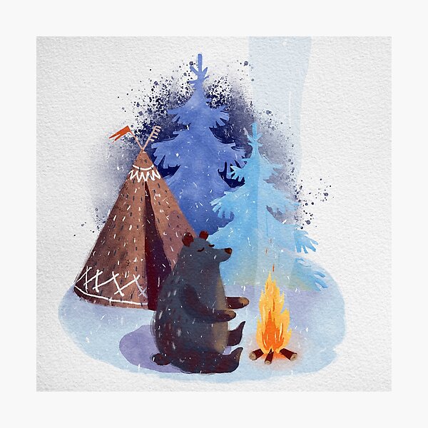 Item preview, A teddy bear with a wigwam warms its paws by the fire in winter. designed and sold by zatmeniee.