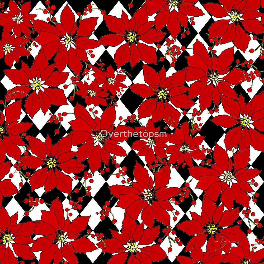 "HARLEQUIN AND POINSETTIAS IN BLACK AND WHITE AND RED" by Overthetopsm