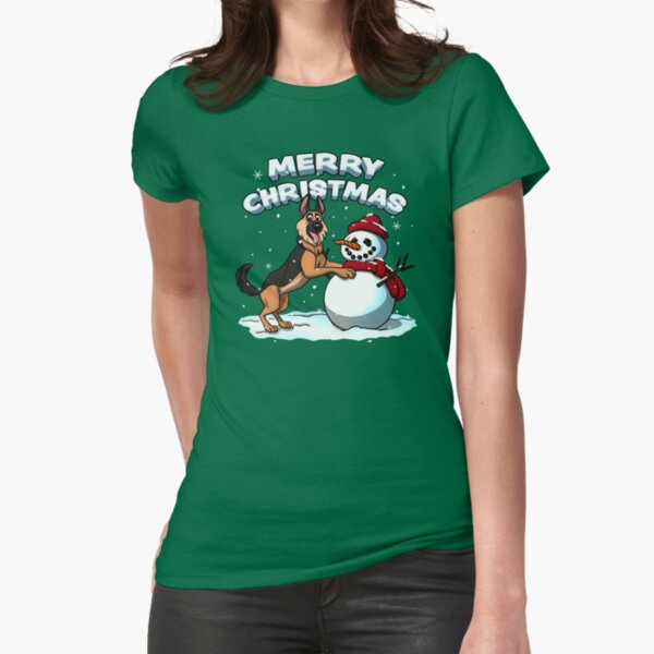 Merry Christmas German Shepherd and Snowman Fitted T-Shirt