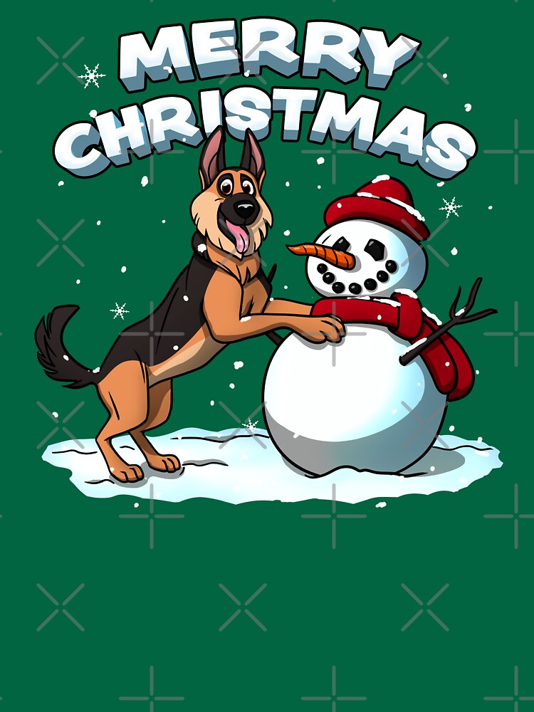 &quot;Merry Christmas German Shepherd and Snowman&quot; T-shirt by polygrafix