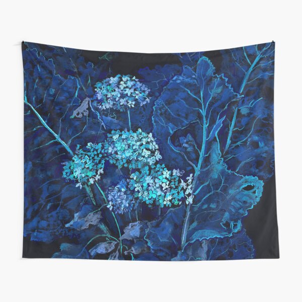 Hydrangea and Horseradish, Botanical Floral Black Blue Tapestry