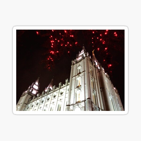 The Salt Lake Temple at CHRISTmas looking up by Jerald Simon Sticker