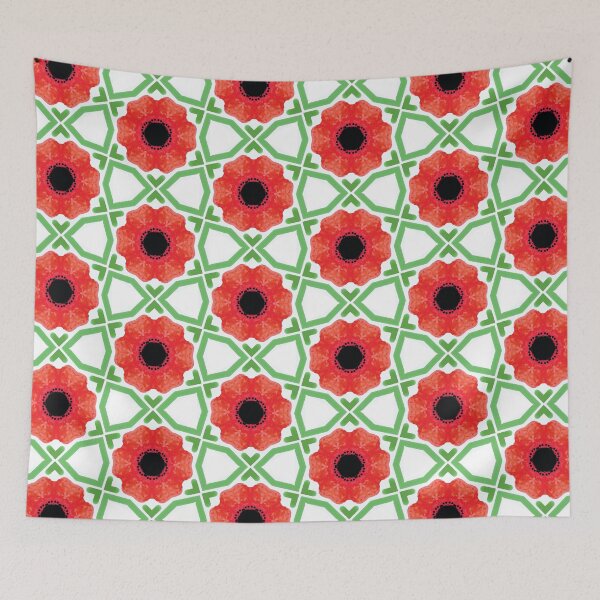 Artikelvorschau, Stilisierte rote Mohnblumen auf grünem Muster entworfen und verkauft von LittleBettyMakes.