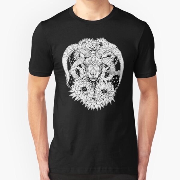 Painted Skull in Flowers - Black and White Slim Fit T-Shirt