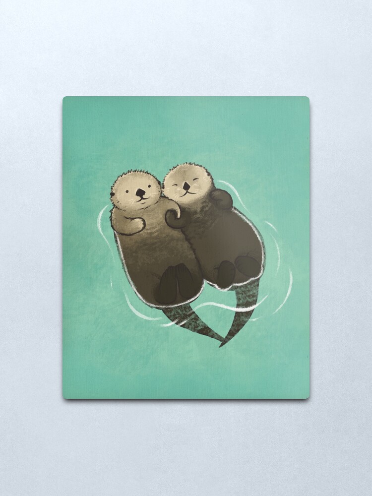 Alternate view of Significant Otters - Otters Holding Hands Metal Print