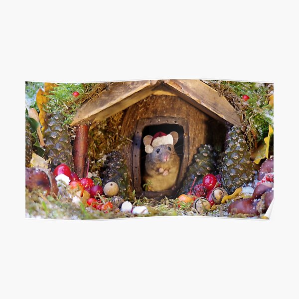 Christmas mouse in a log pile house Poster