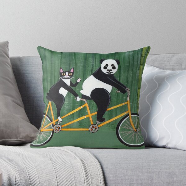 Panda and Cat Bicycle Tandem Throw Pillow