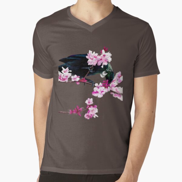 Tui Feeding on Cherry Blossoms: Metallic V-Neck T-Shirt