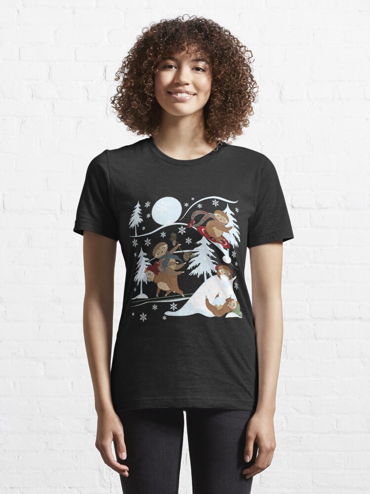 Alternate view of Playful Sloth Snow Play, Winter, Snowflakes Essential T-Shirt