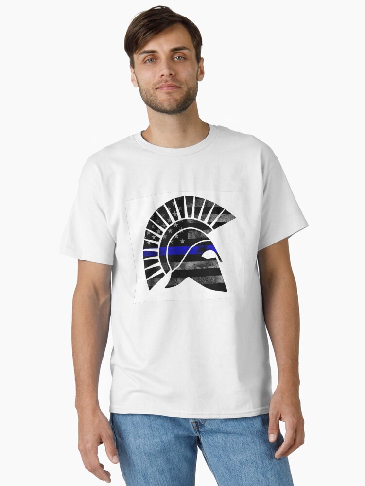 Thumbnail 2 of 7, Classic T-Shirt, Blueline Spartan Helmet Tattered designed and sold by OwnTheAvenue.
