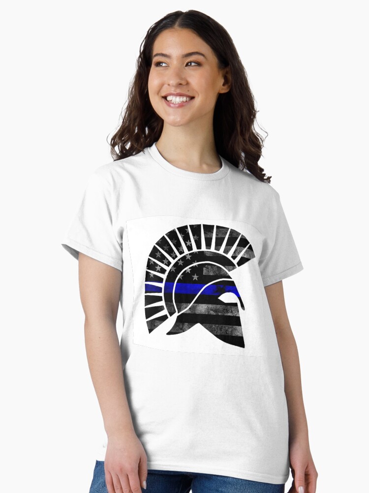 Thumbnail 1 of 7, Classic T-Shirt, Blueline Spartan Helmet Tattered designed and sold by OwnTheAvenue.