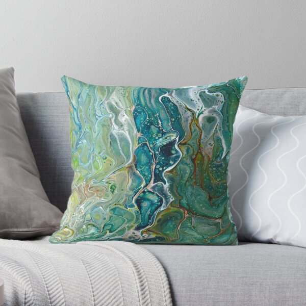 Poured acrylic paints green blues Throw Pillow