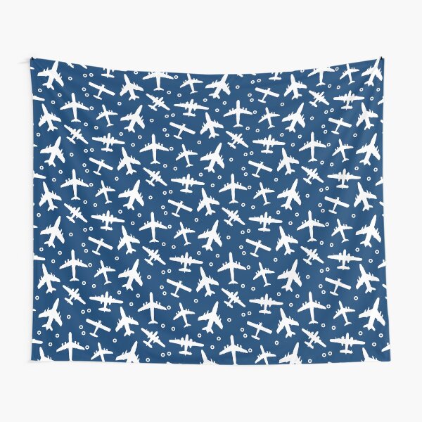 Blue and White Aeroplanes Silhouette Pattern Tapestry