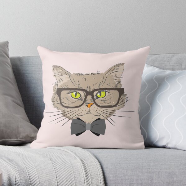 Serious Hipster Cat with Black Glasses, yellow eyes and black bow tie Throw Pillow