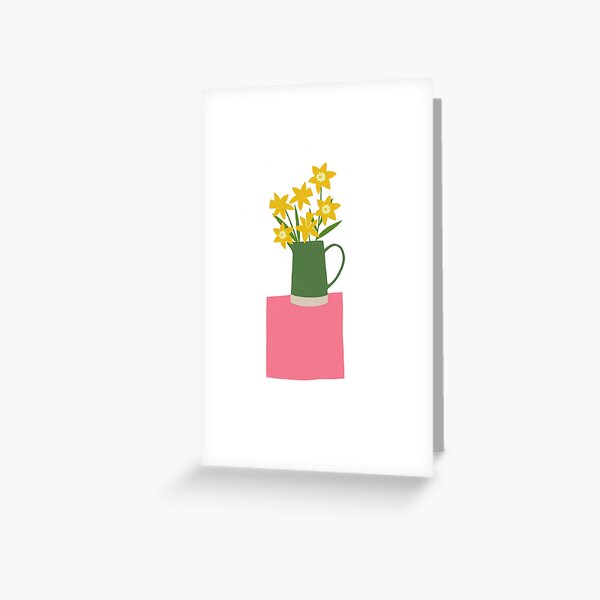 Daffodils on pink table Greeting Card