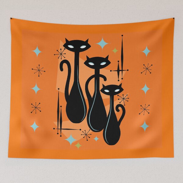 Item preview, Effervescent Orange Atomic Age Black Kitschy Cat Trio  designed and sold by BunnyThePainter.