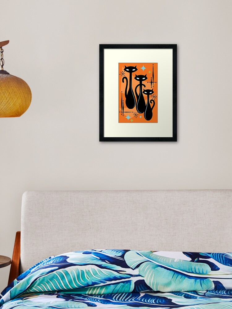 Thumbnail 1 of 7, Framed Art Print, Effervescent Orange Atomic Age Black Kitschy Cat Trio designed and sold by BunnyThePainter.
