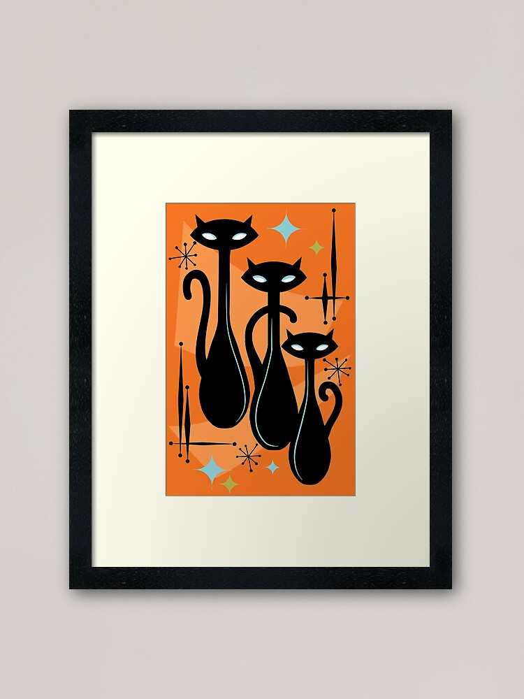 Thumbnail 2 of 7, Framed Art Print, Effervescent Orange Atomic Age Black Kitschy Cat Trio designed and sold by BunnyThePainter.